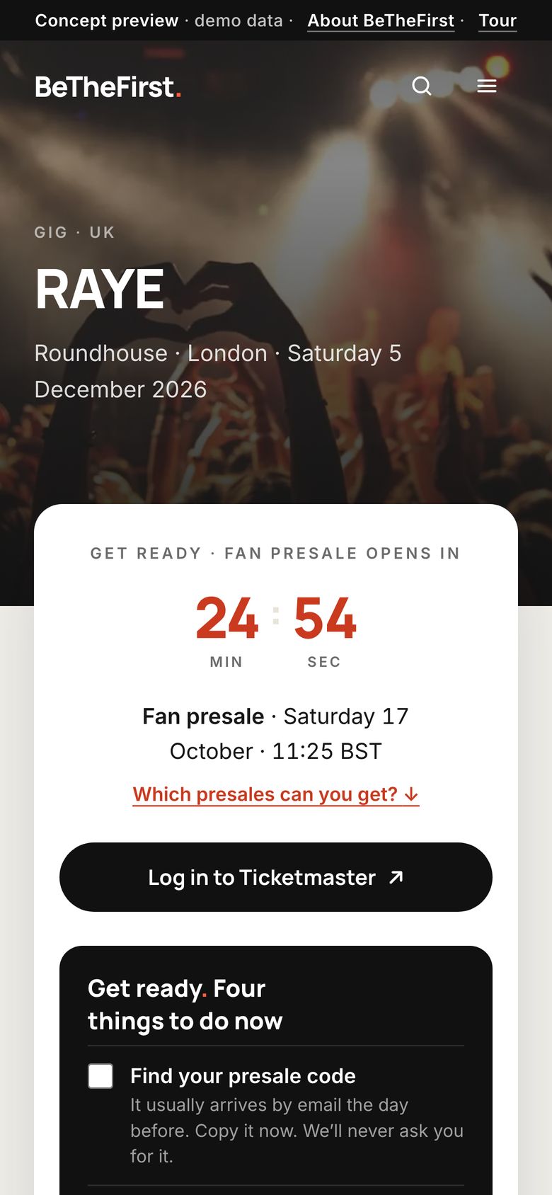 An event page on a phone in get-ready mode: a 24-minute countdown to a fan presale, a Log in to Ticketmaster button and a checklist.